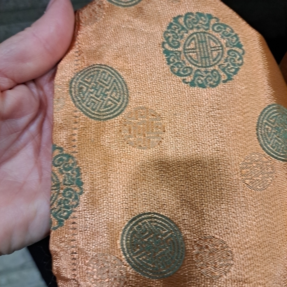 Vtg Silk Large Orange Metalic Green Medallion Open Front Jacket Kimono Asian Nic - Picture 10 of 10